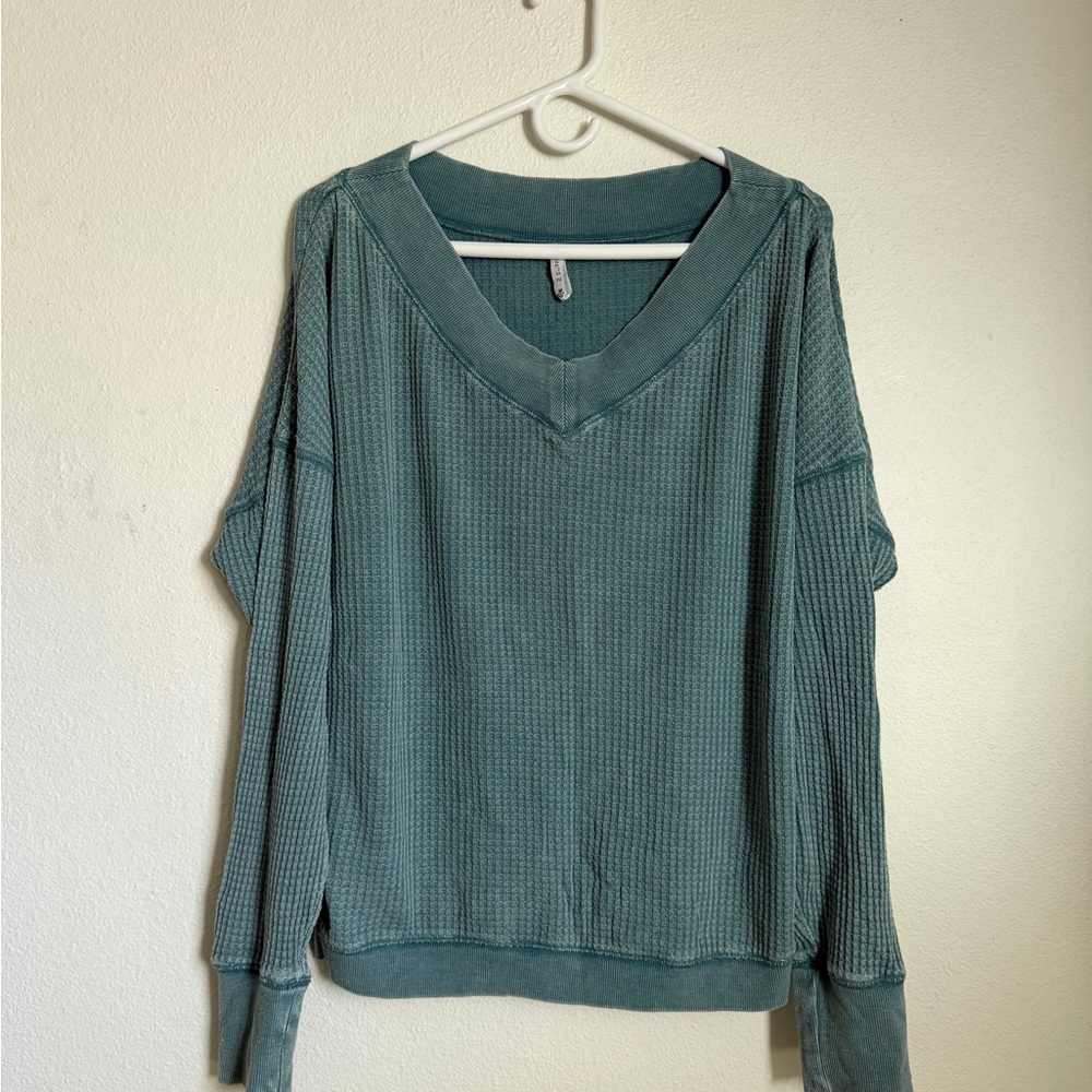 Teal V-Neck Waffle Knit Sweater